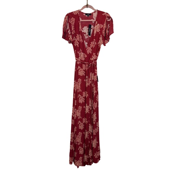 Lulus Heart of Marigold Floral Print‎ Wrap Maxi Dress Size L Rust Red Boho NEW - Picture 1 of 11